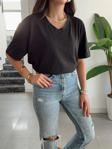 Siyah V Yaka Oversize Tshirt