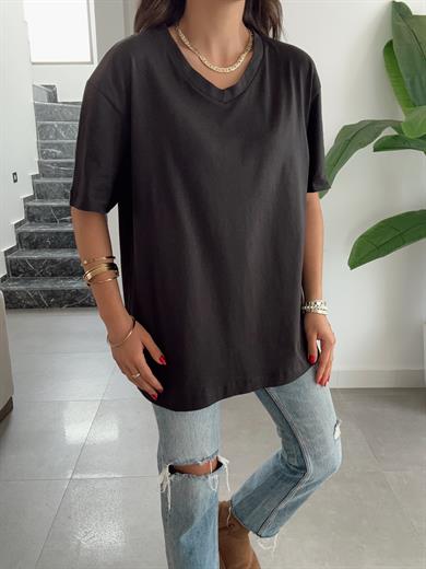 Siyah V Yaka Oversize Tshirt