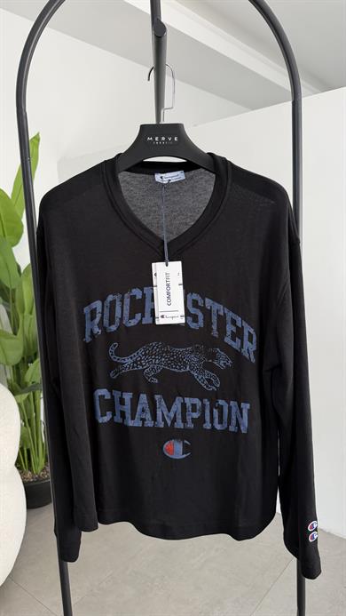 Siyah V Yaka Uzun Kollu Baskılı Bluz