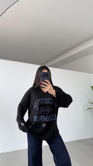 Siyah V Yaka Uzun Kollu Baskılı Bluz