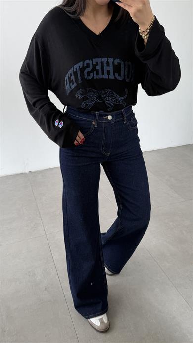 Siyah V Yaka Uzun Kollu Baskılı Bluz