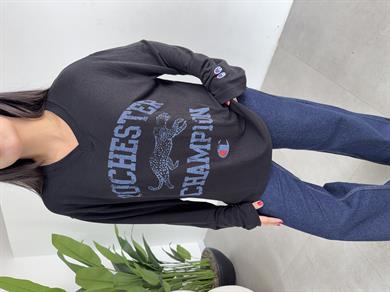 Siyah V Yaka Uzun Kollu Baskılı Bluz