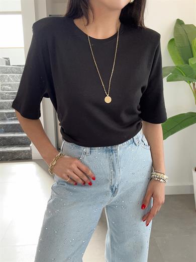 Siyah Vatkalı Basic Tişört