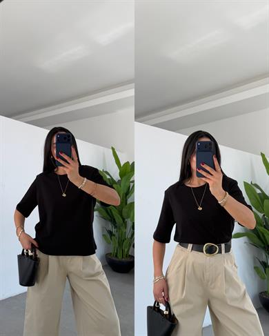 Siyah Vatkalı Basic Yaka Tshirt