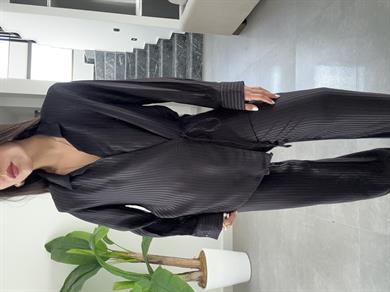 Siyah Vatkalı Çizgili Kimono Takım