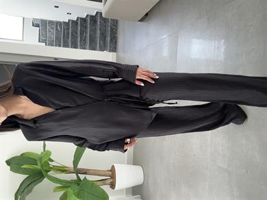 Siyah Vatkalı Çizgili Kimono Takım