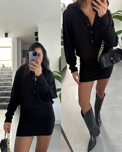 Siyah Vatkalı Düğmeli Elbise