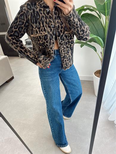 Siyah-Vizon Leopar Desen Jakarlı Hırka