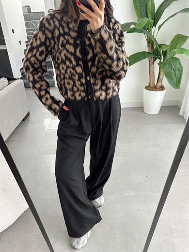 Siyah-Vizon Leopar Desenli Triko Hırka