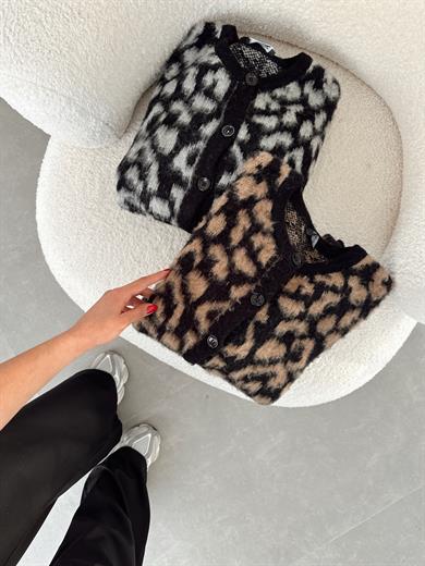 Siyah-Vizon Leopar Desenli Triko Hırka