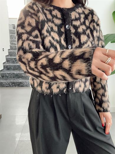 Siyah-Vizon Leopar Desenli Triko Hırka