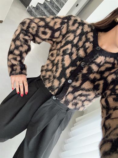 Siyah-Vizon Leopar Desenli Triko Hırka