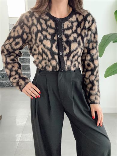 Siyah-Vizon Leopar Desenli Triko Hırka