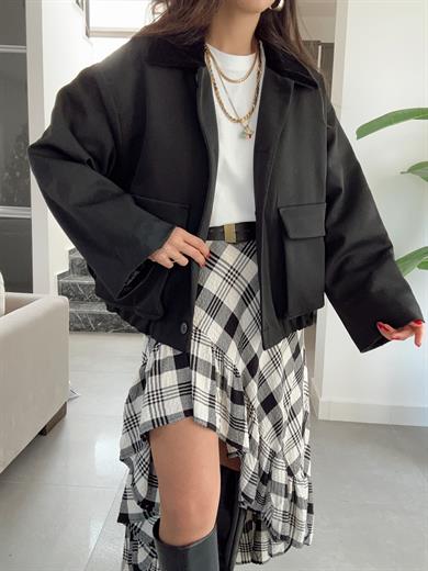 Siyah Yakası Süet Bomber Ceket