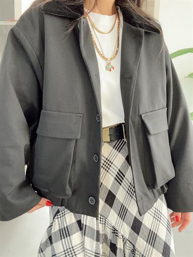 Siyah Yakası Süet Bomber Ceket