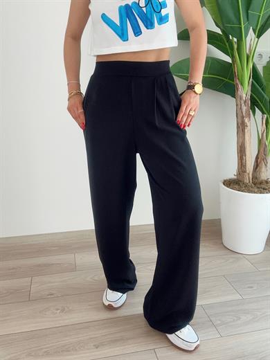 Siyah Yandan Fermuarlı Pileli Palazzo