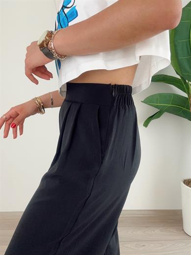 Siyah Yandan Fermuarlı Pileli Palazzo