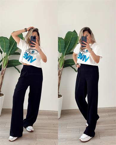 Siyah Yandan Fermuarlı Pileli Palazzo