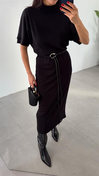 Siyah Yarım Balıkçı Kemer Detaylı Elbise