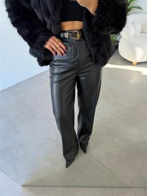 Siyah Yüksek Bel Deri Palazzo Pantolon