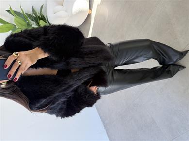 Siyah Yüksek Bel Deri Palazzo Pantolon