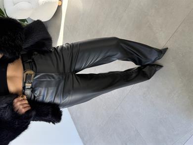 Siyah Yüksek Bel Deri Palazzo Pantolon