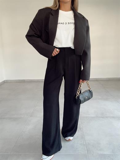 Siyah Yüksek Bel Premium Pileli Palazzo Pantolon