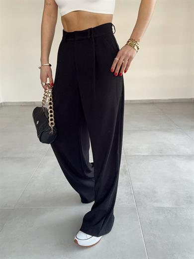 Siyah Yüksek Bel Premium Pileli Palazzo Pantolon