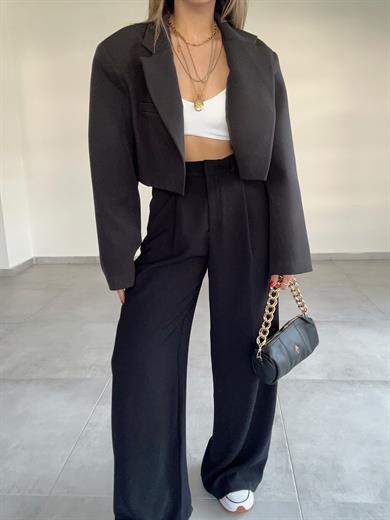 Siyah Yüksek Bel Premium Pileli Palazzo Pantolon