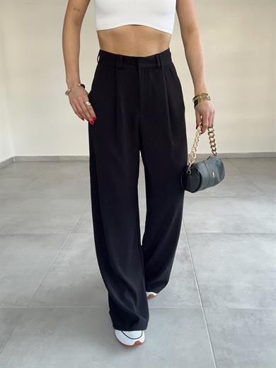 Siyah Yüksek Bel Premium Pileli Palazzo Pantolon