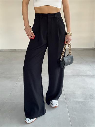 Siyah Yüksek Bel Premium Pileli Palazzo Pantolon