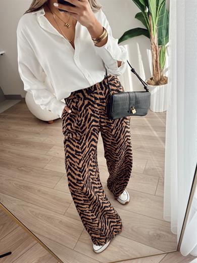 Siyah Zebra Desen Çift Pile Pantolon