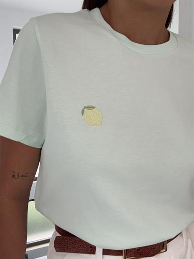 Su Yeşili Limon Nakışlı Tişört