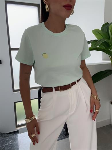 Su Yeşili Limon Nakışlı Tişört