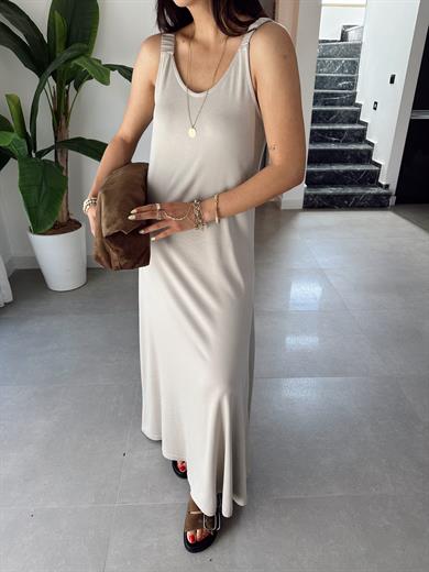 Taş Büzgü Askılı Modal Kumaş Elbise