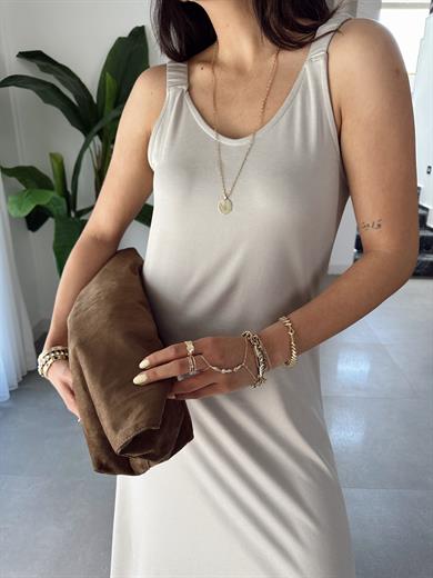 Taş Büzgü Askılı Modal Kumaş Elbise