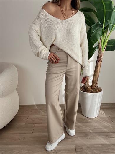 Taş Deri Bol Paça Pantolon