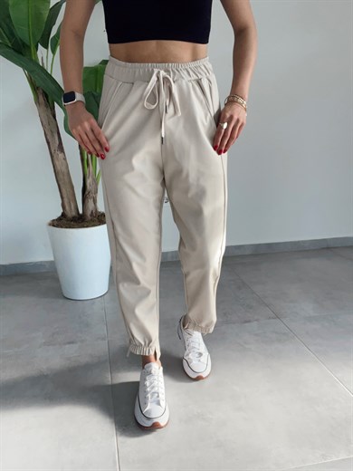Taş  Deri Detaylı Pantalon