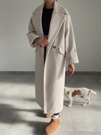 Taş Düğmeli Kruvaze Kaşe Kaban