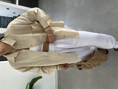 Taş Flamlı Keten Çift Cep Oversize Gömlek