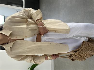 Taş Flamlı Keten Çift Cep Oversize Gömlek