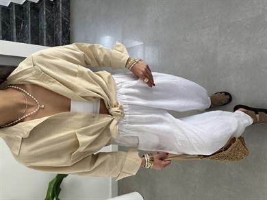 Taş Flamlı Keten Çift Cep Oversize Gömlek