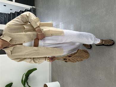 Taş Flamlı Keten Çift Cep Oversize Gömlek