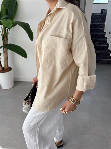 Taş Flamlı Keten Tek Cep Oversize Gömlek