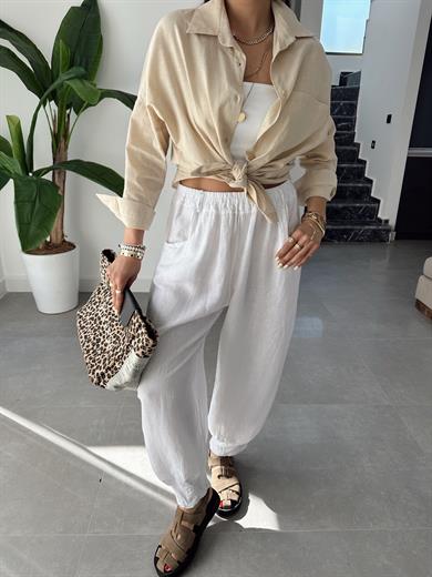 Taş Flamlı Keten Tek Cep Oversize Gömlek