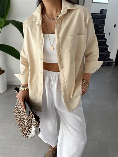 Taş Flamlı Keten Tek Cep Oversize Gömlek