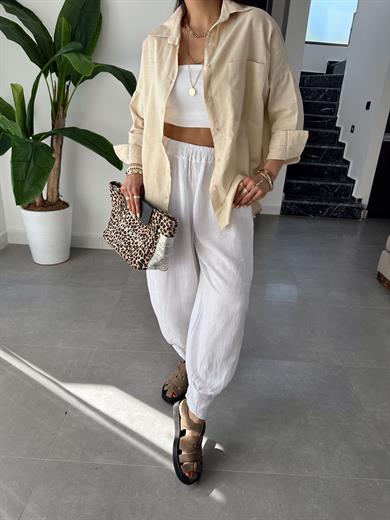 Taş Flamlı Keten Tek Cep Oversize Gömlek