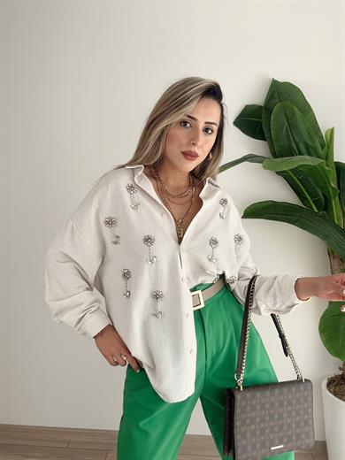Taş İşlemeli Bej  Gömlek