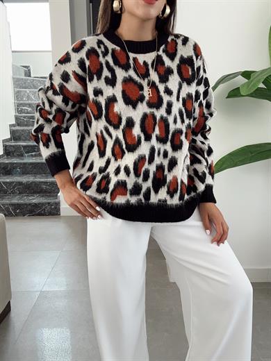 Taş Leopar Desenli Triko Kazak