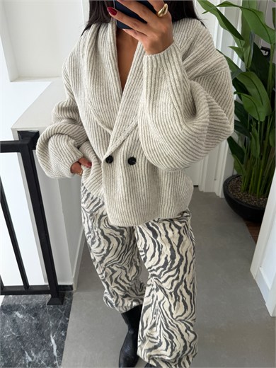 Taş Oversize Şal Yaka Yünlü Hırka